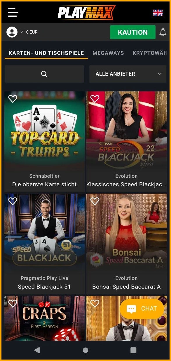 Komplette Auswahl aller Live-Dealer-Spiele bei Playmax Casino